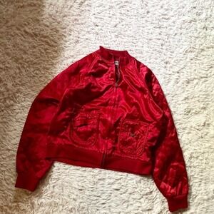 Vintage 80s Satin Quilted Grandma Core Cargo Bomber Jacket Womens L Disco Retro